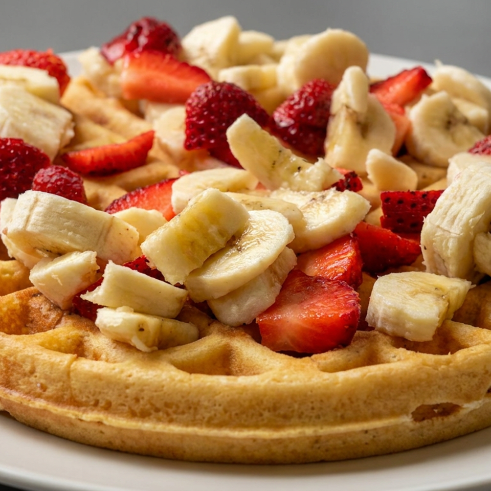 Golden Belgian waffle topped with sliced bananas and strawberries on a white plate.