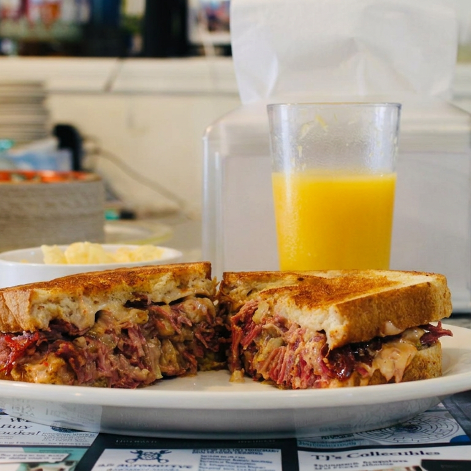 Toasted corned beef sandwiches with melted cheese sit on a plate beside potato chips and orange juice at a restaurant counter.