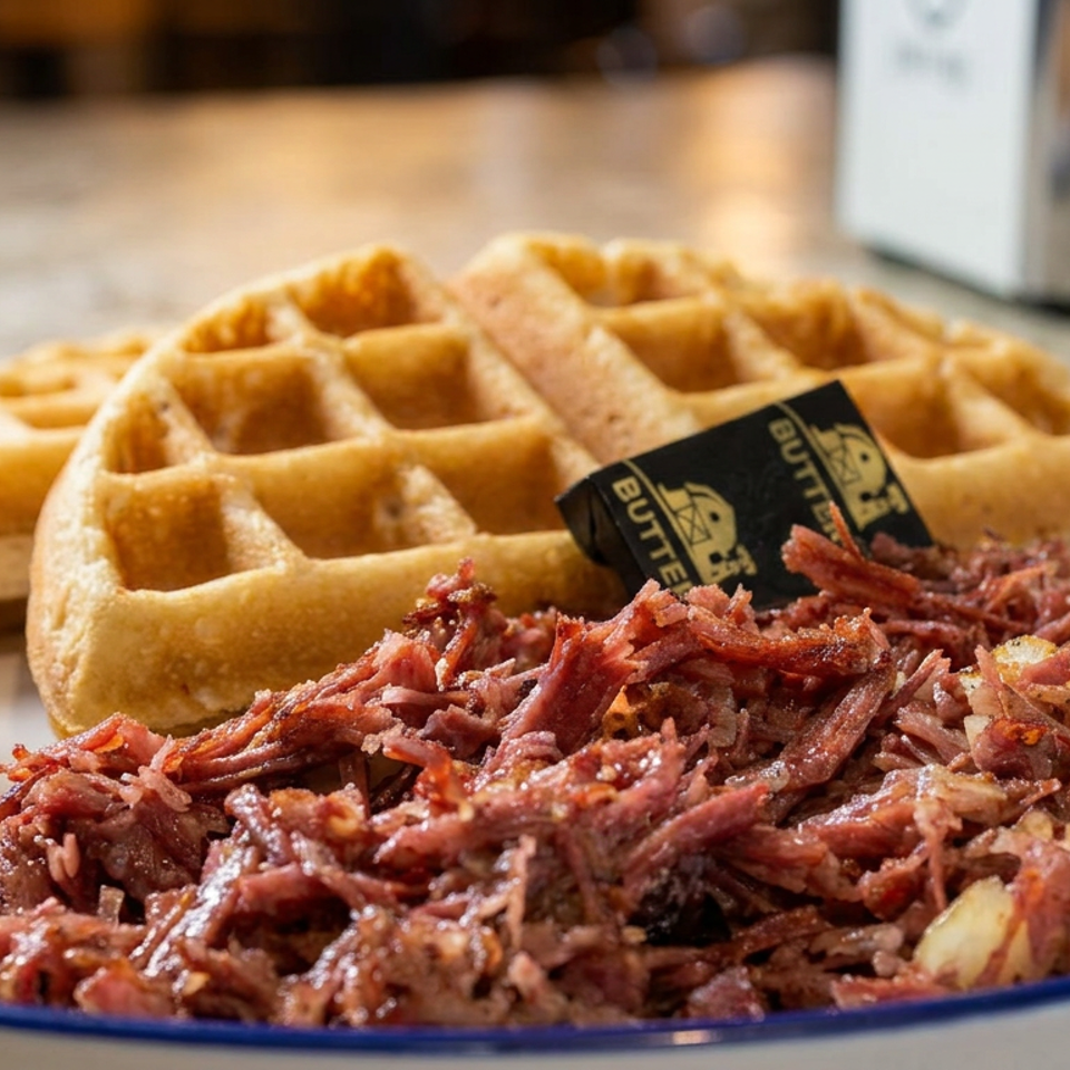 Golden waffles served with shredded corned beef and potatoes on a blue-rimmed plate, accompanied by a butter container.