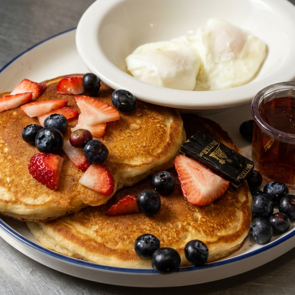 Stack of golden pancakes topped with strawberries and blueberries, served with whipped cream and maple syrup.