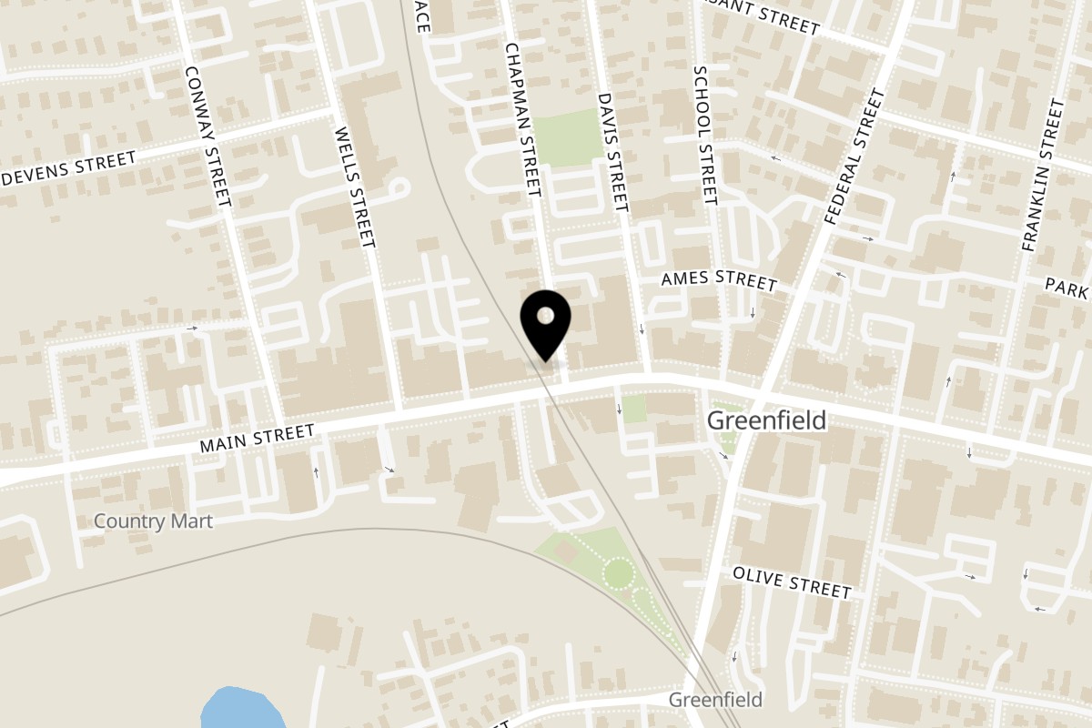 Map showing the location of Freedom Café on 204 Main St in Greenfield